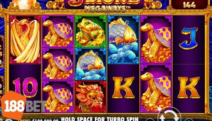 Hình ảnh quay slot trong game 5 chú sư tử Megaways tại 188BET với biểu tượng rồng vàng, cá chép và rùa thần.