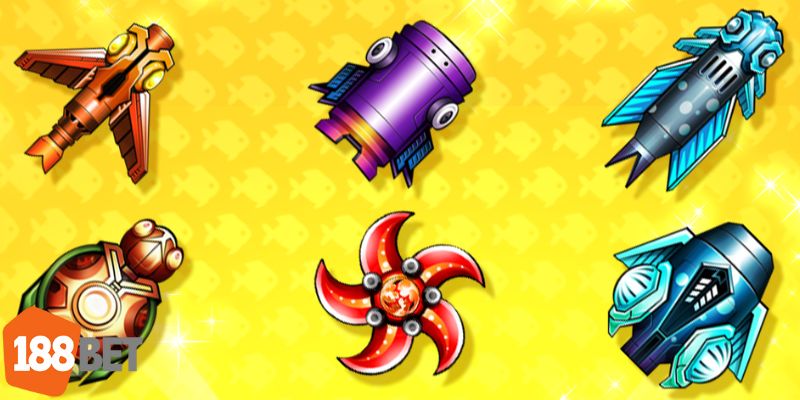 Hình ảnh mô phỏng các loại súng bắn cá trong game 188BET với giao diện sinh động và rõ ràng từng loại vũ khí.