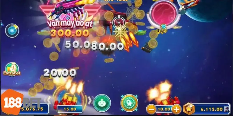 Giao diện nâng cấp súng bắn cá trong hệ thống 188BET, với các chỉ số sát thương, tốc độ bắn và tính năng khóa mục tiêu.