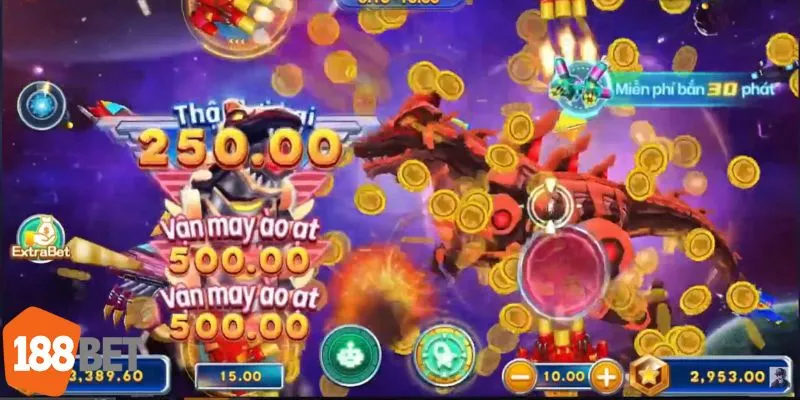 Giao diện game bắn cá 3D trên nền tảng 188BET với cá di chuyển sinh động và hiệu ứng bắt mắt.