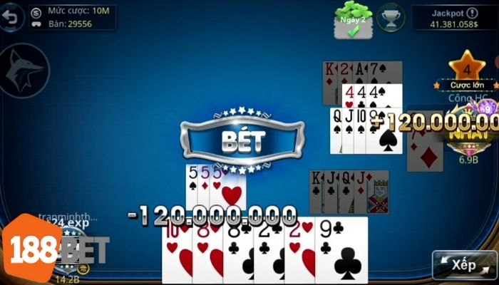 Giao diện đặt cược Phỏm tại 188BET với hiệu ứng chiến thắng – thua rõ ràng, sinh động