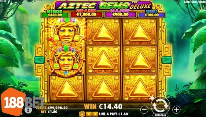 Màn chơi Aztec Gems Deluxe tại 188BET với biểu tượng kim tự tháp vàng và tỷ lệ thưởng đa cấp