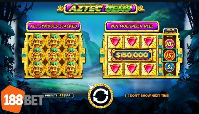 Slot game Aztec Gems tại 188BET với biểu tượng chiến binh cổ đại và giải thưởng hấp dẫn