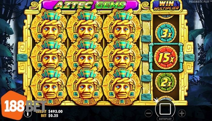 Hình ảnh thắng lớn trong game Aztec Gems tại 188BET với toàn bộ biểu tượng trùng khớp và hệ số nhân lên đến 15x