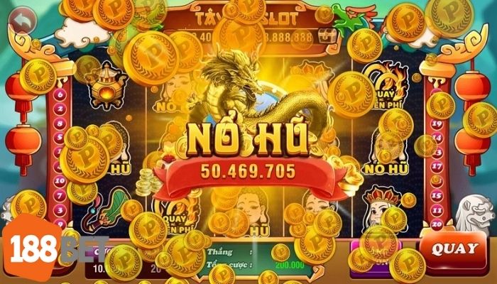 Giao diện chiến thắng nổ hũ rực rỡ tại game slot sảnh PG 188BET với phần thưởng hơn 50 triệu xu vàng.