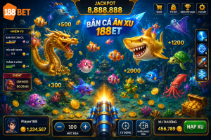Giao diện Bắn Cá Ăn Xu 188BET với đại dương 3D, nhiều loài cá, boss khổng lồ, bảng xu tích lũy và hệ thống súng hiện đại