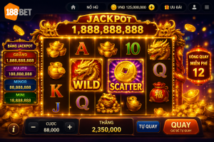 Vòng quay nổ hũ trên giao diện 188BET với các biểu tượng Wild, Scatter và bảng Jackpot