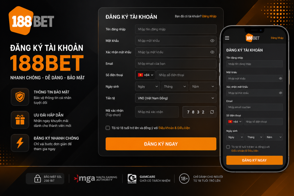 Giao diện đăng ký tài khoản 188BET trên máy tính và điện thoại với biểu mẫu điền thông tin đơn giản.