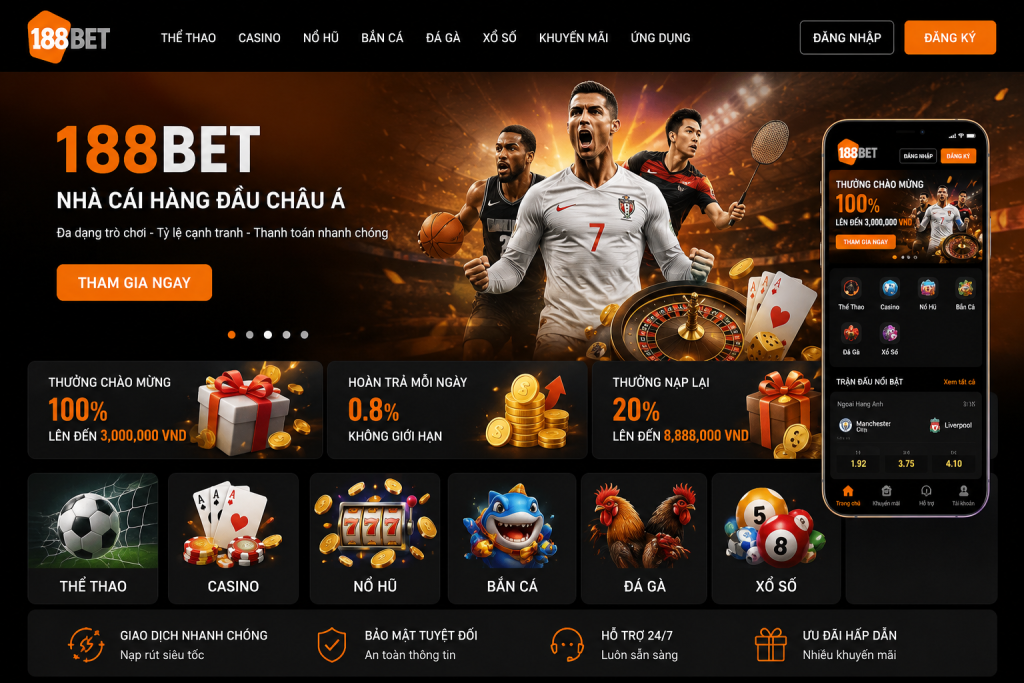 Giao diện trang chủ 188BET hiện đại với đầy đủ danh mục trò chơi.
