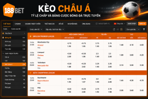 Giao diện kèo Châu Á 188BET hiển thị tỷ lệ chấp và bảng cược bóng đá trực tuyến.