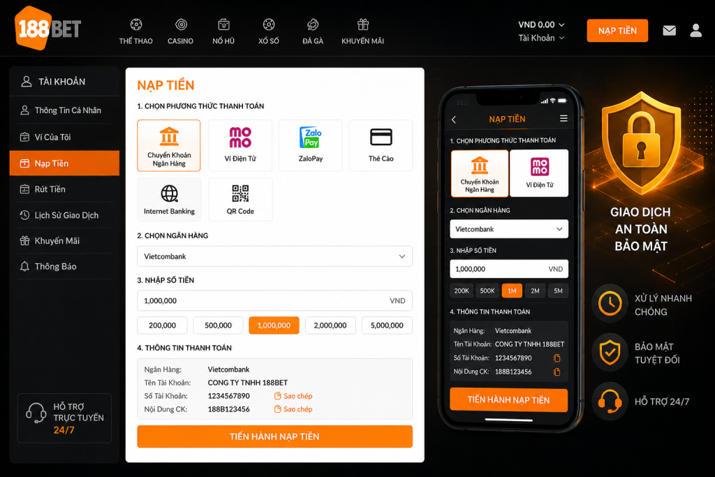 Giao diện nạp tiền 188BET hiển thị các phương thức thanh toán và biểu mẫu nhập số tiền.