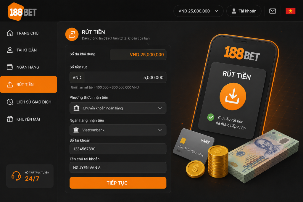 Giao diện rút tiền 188BET hiển thị biểu mẫu nhập số tiền và tài khoản ngân hàng trên nền giao diện hiện đại.